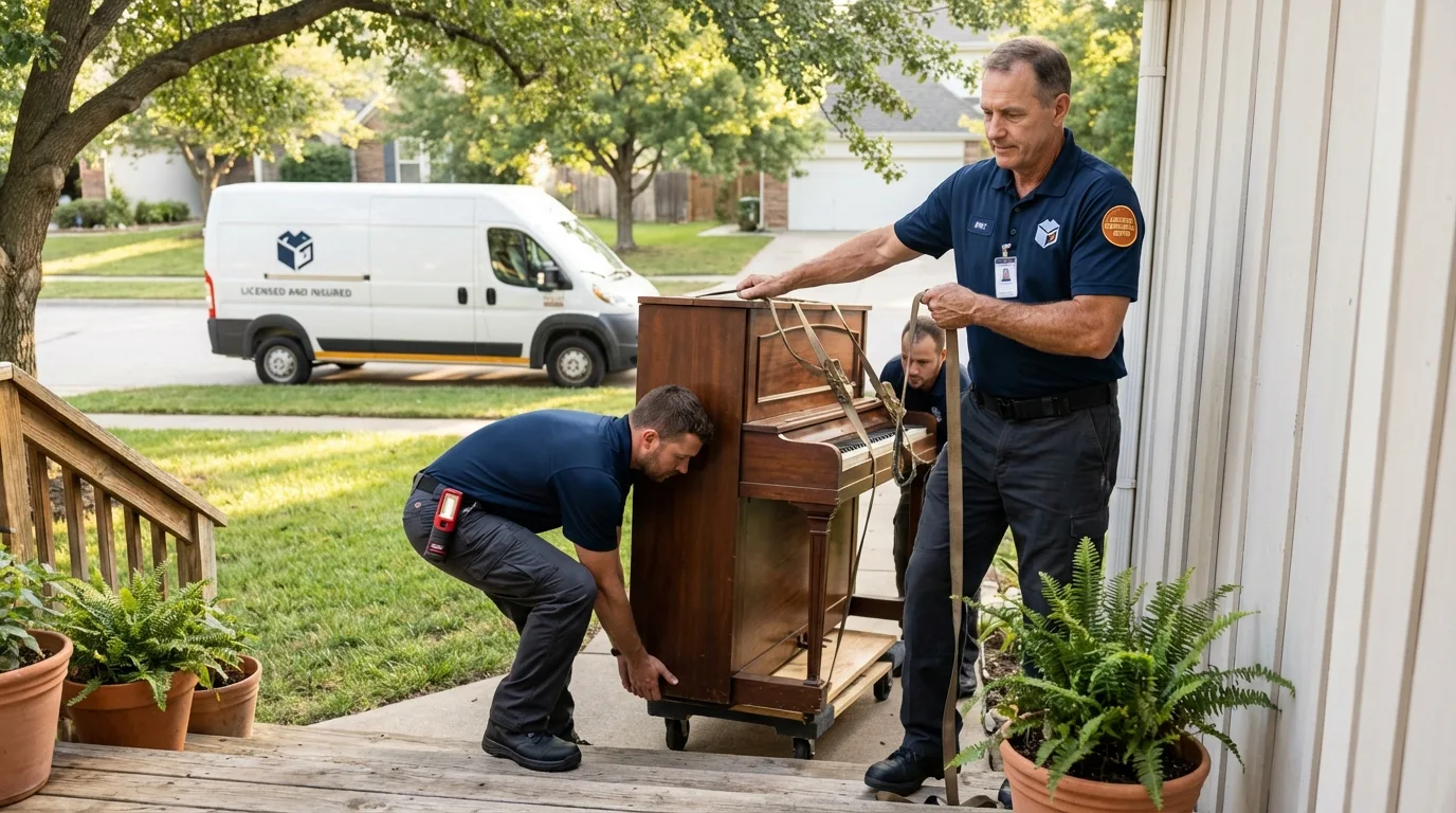 Licensed piano movers securing grand piano in Champlin, MN
