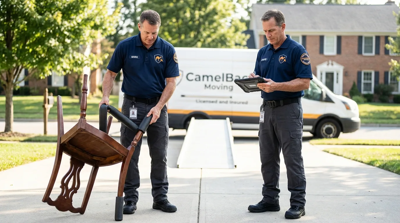 Movers inspecting furniture for damage prevention before loading in Champlin, MN
